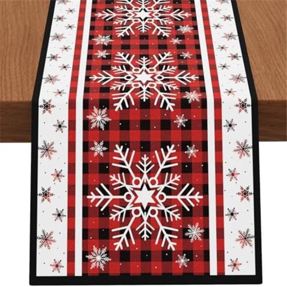 Christmas Table Runner Red Black Buffalo Plaid 13x72 Snowflake Holiday Decor